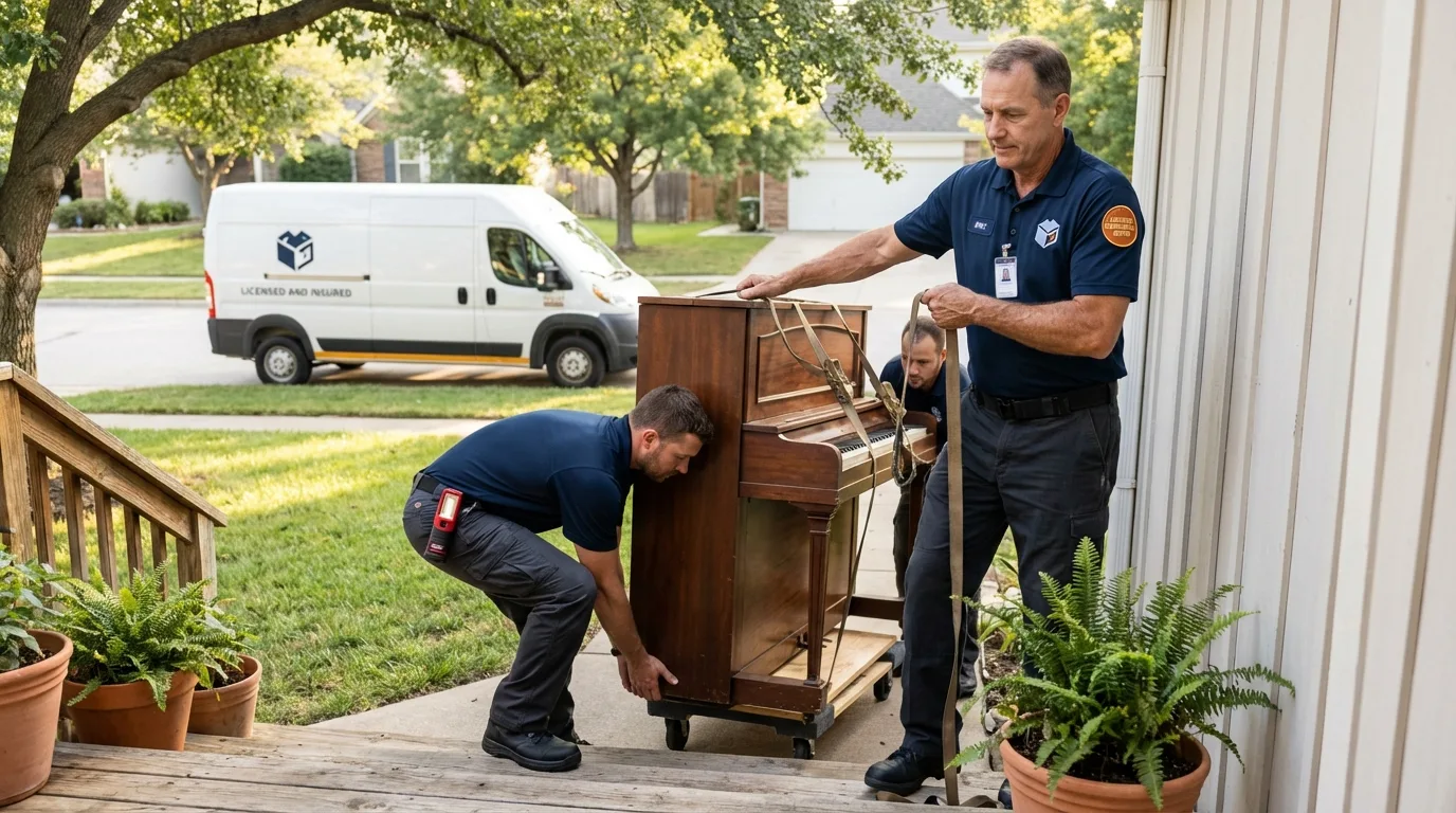 Licensed piano movers securing grand piano in Knox, PA