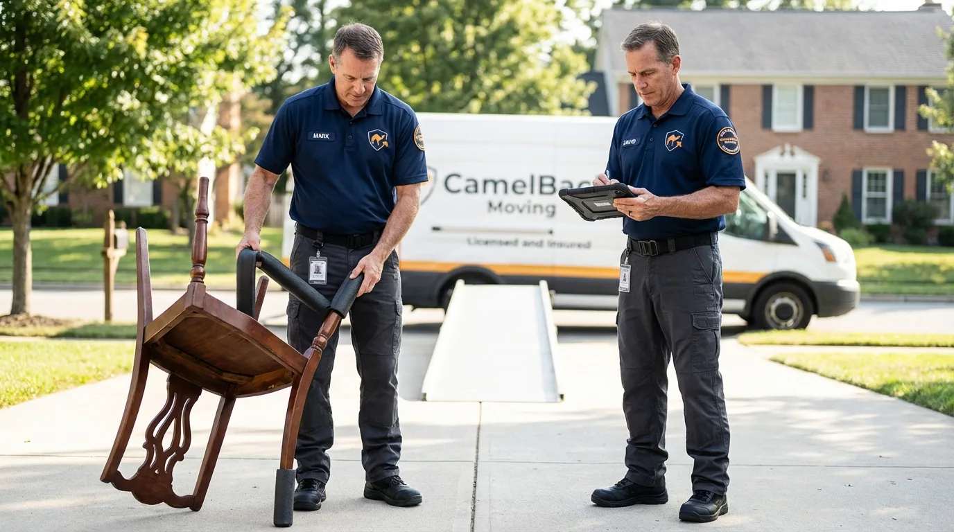 Movers inspecting furniture for damage prevention before loading in Knox, PA