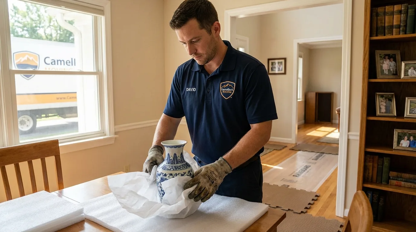 Professional crew carefully wrapping antique vase for senior downsizing move in Knox, PA